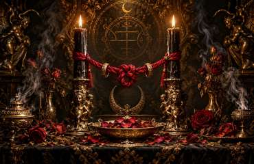 Altar de amarre: dos velas negras unidas por un cordón rojo anudado y sello goético