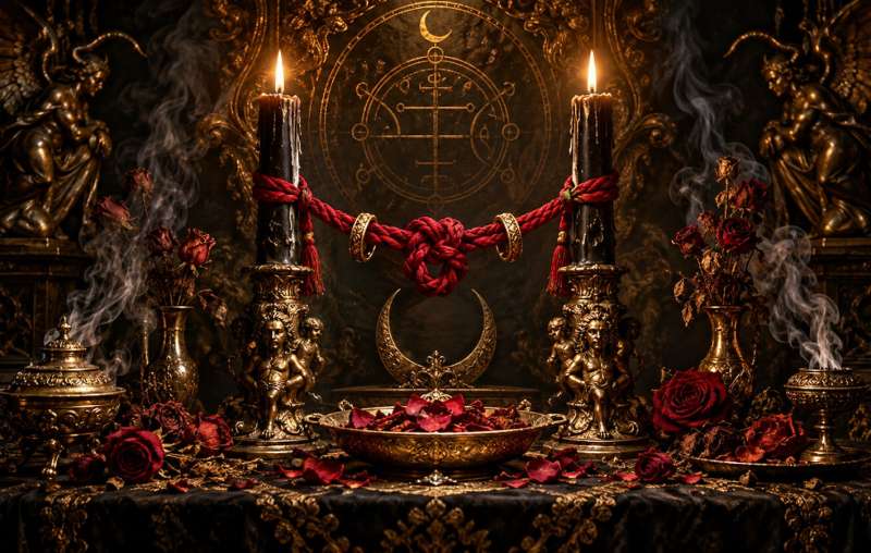 Altar de amarre: dos velas negras unidas por un cordón rojo anudado y sello goético