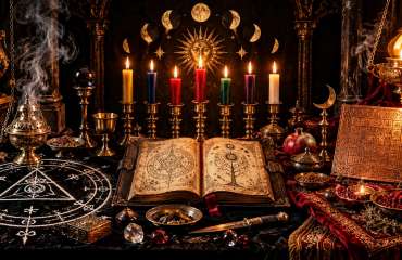 Altar ceremonial: círculo y triángulo salomónico junto a placa talismánica otomana