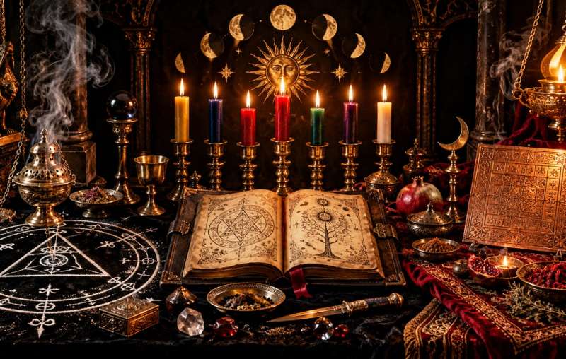 Altar ceremonial: círculo y triángulo salomónico junto a placa talismánica otomana