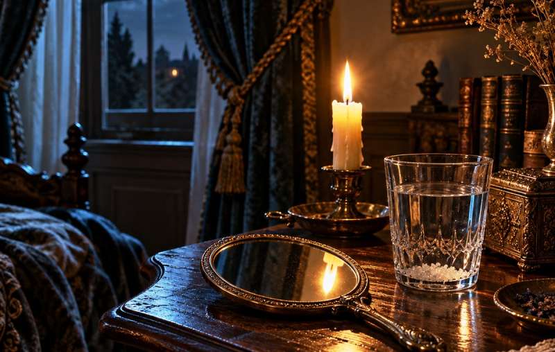 Espejo de mano antiguo con vela y vaso de agua con sal sobre una mesa de noche, luna llena en la ventana
