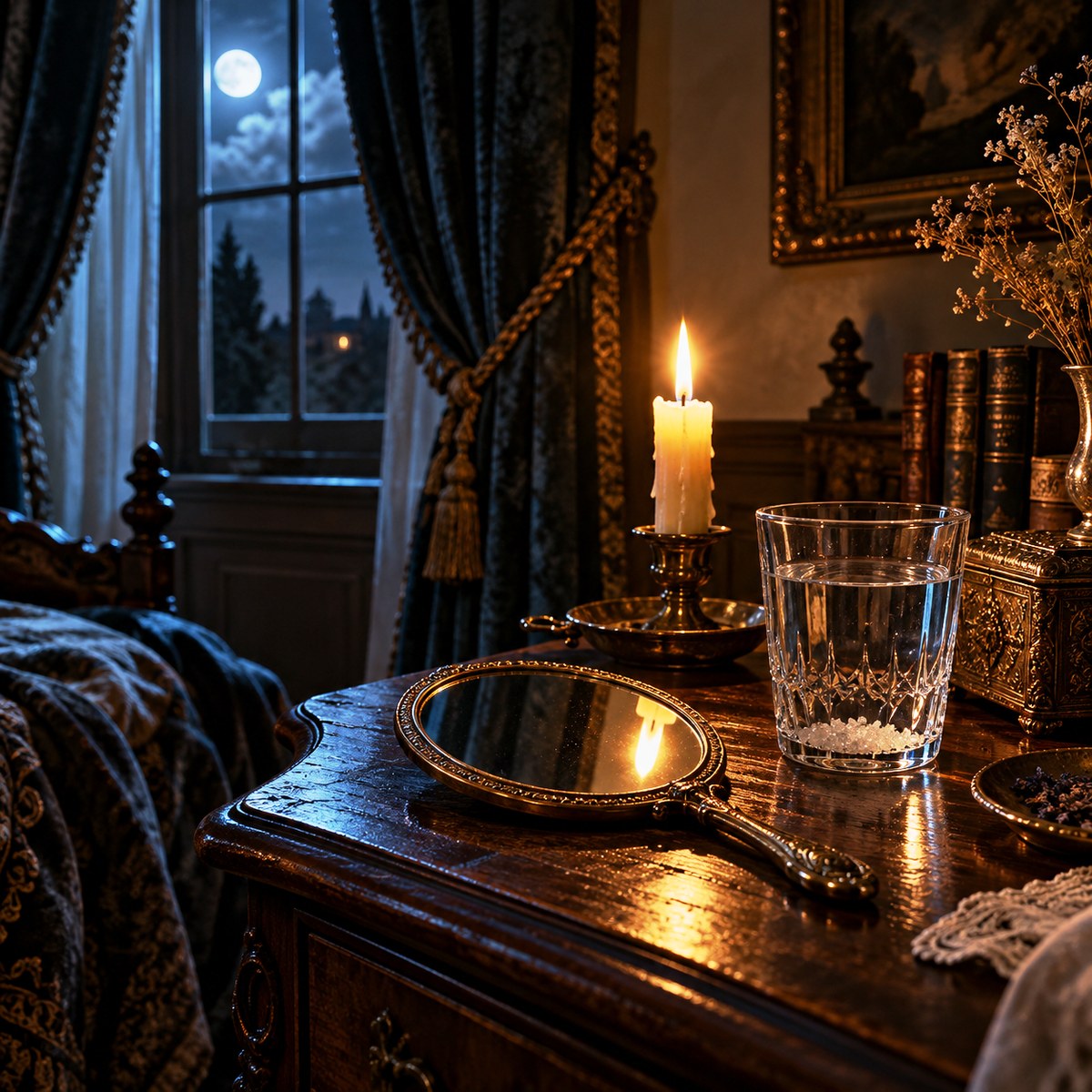 Espejo de mano antiguo con vela y vaso de agua con sal sobre una mesa de noche, luna llena en la ventana