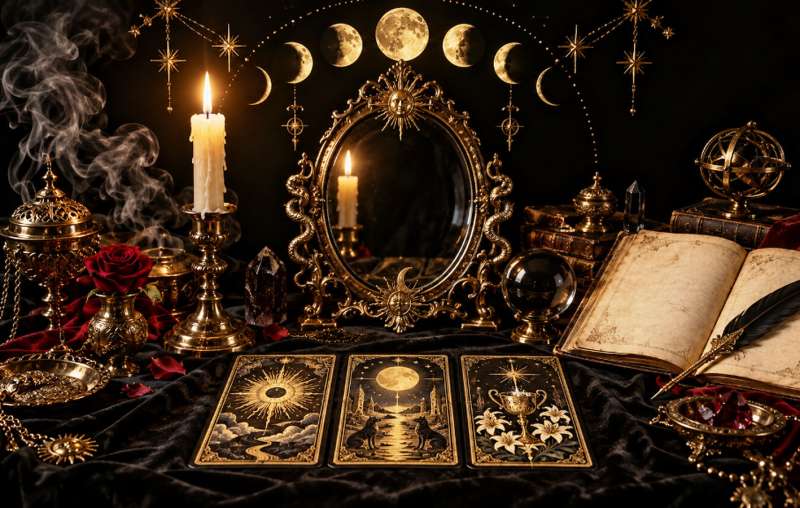 Tirada de tarot con espejo de visión, fases lunares y grimorio abierto